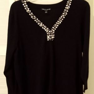 Women's 1X Cable and Gauge Long Sleeve, V-neck with Crystal Around Neck Line